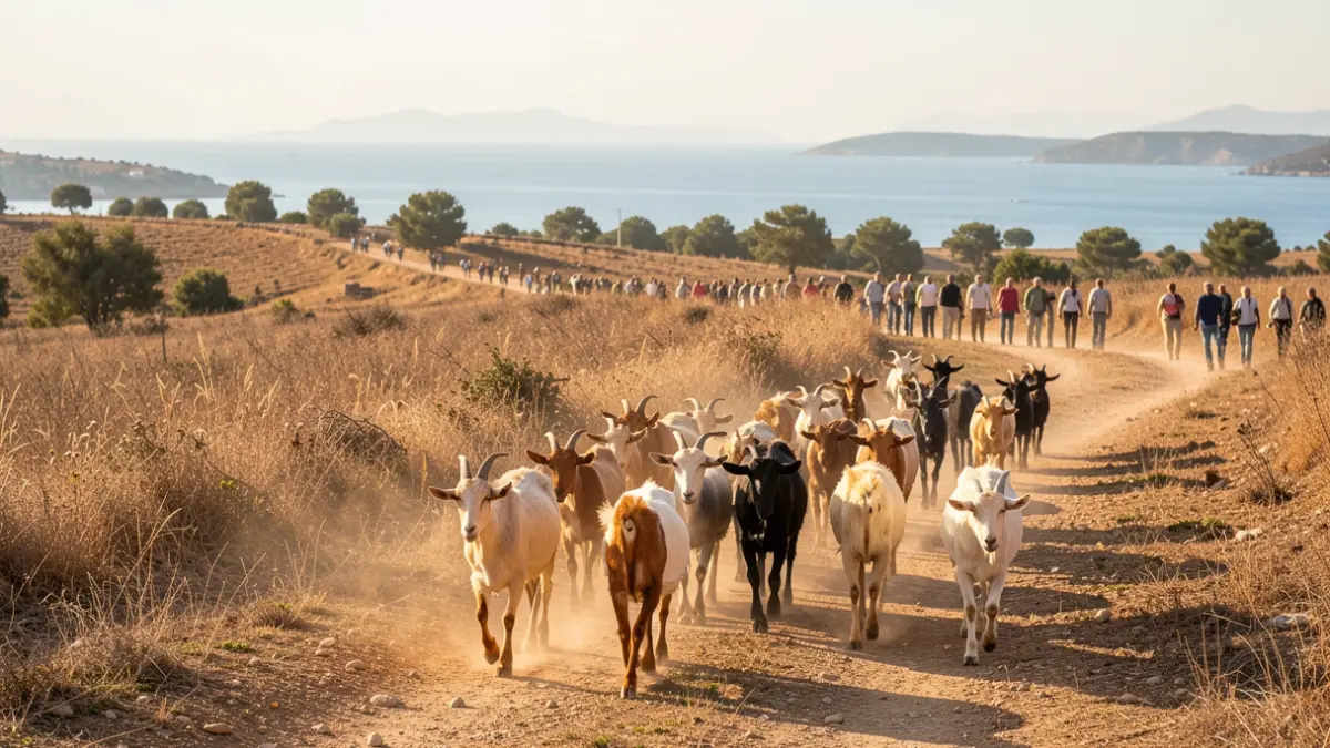 Un ramat de cabres travessant un camí rural a prop de la costa catalana.