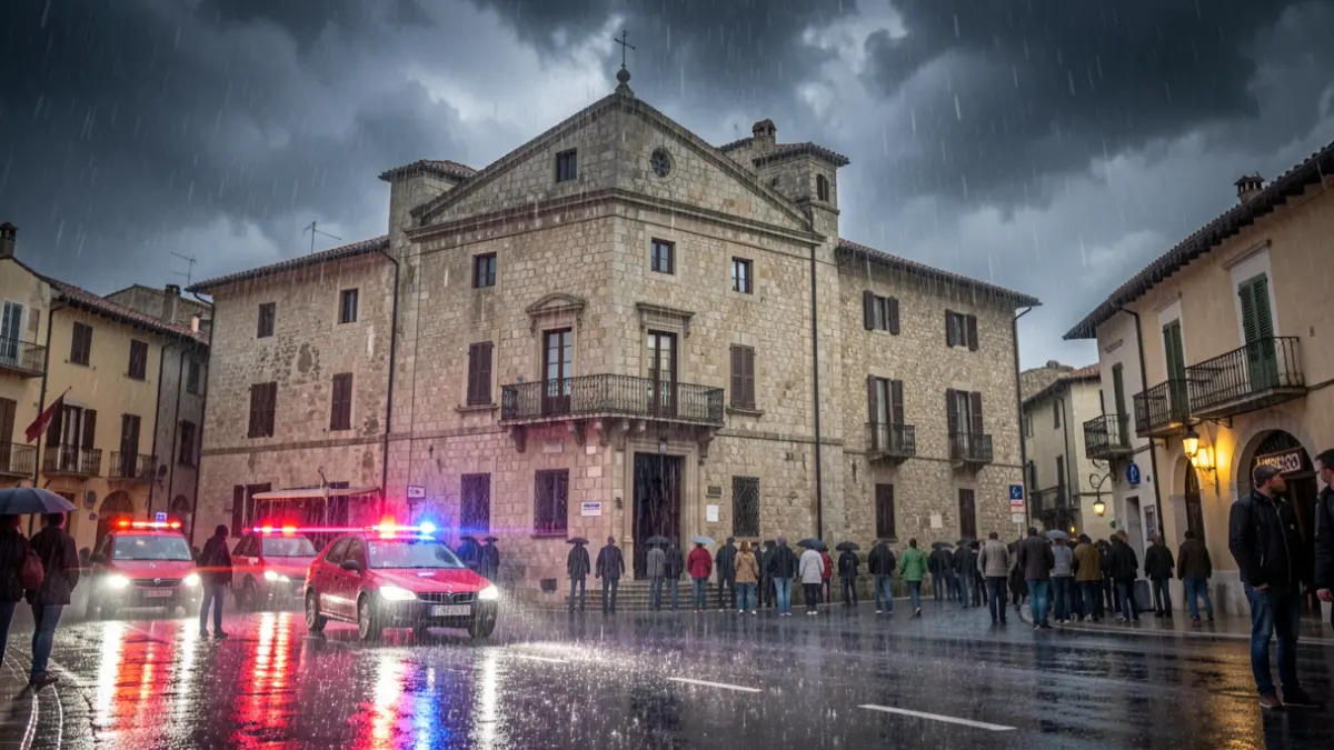Fachada de l'Ajuntament de Cubelles sota una forta pluja amb llums d'emergència.