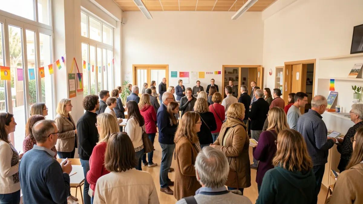 Grup divers de persones en un centre comunitari a Catalunya amb detalls LGTBI+.
