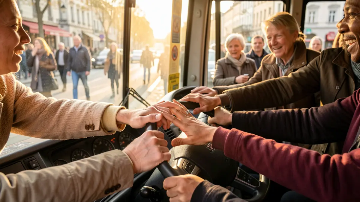 Generic image of diverse hands demanding improvements in public transport.