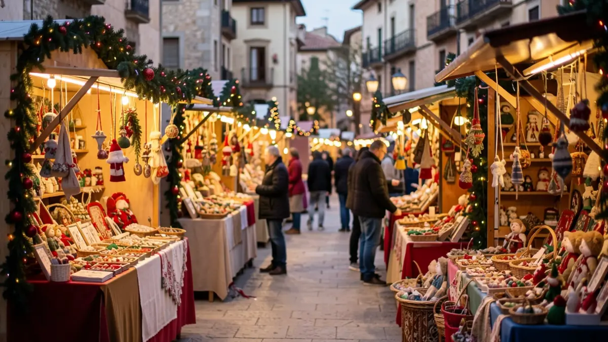 Imatge genèrica de parades de mercat nadalenc amb artesania i decoració festiva, llum càlida de vespre.