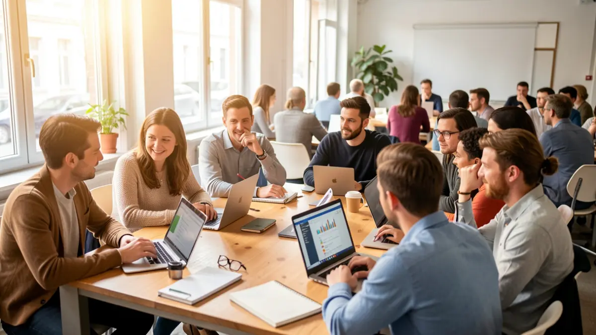 Emprendedores y empresarios aprendiendo sobre inteligencia artificial y marketing digital en un curso en línea.
