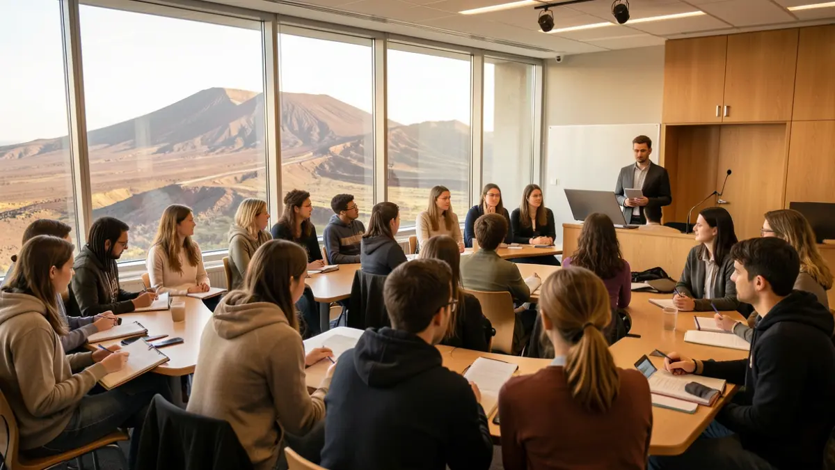 Generic image of a group of international students in a lecture hall overlooking a volcanic landscape.