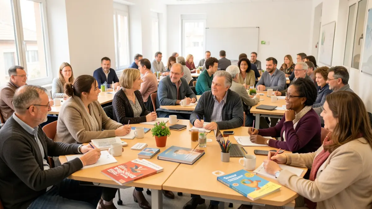 Grup divers de persones aprenent català en un curs d'acollida a Osona.
