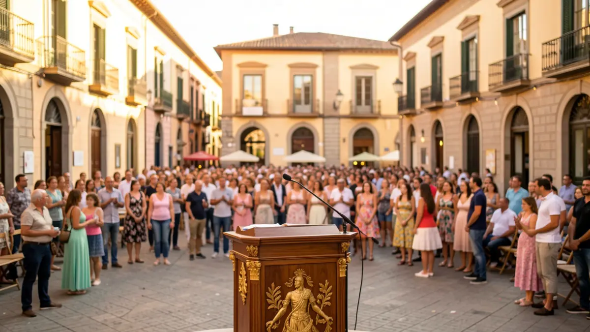 Imatge genèrica d'una plaça de poble català durant una festa major, amb un podi i una multitud desfocada al fons.