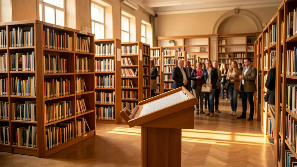 Interior de una biblioteca pública en Cataluña con estanterías de libros y un atril.