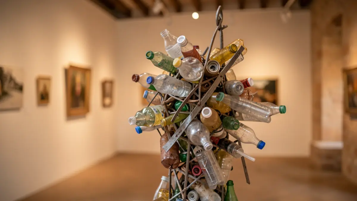 Generic image of recycled materials transformed into an abstract sculpture in an exhibition space.