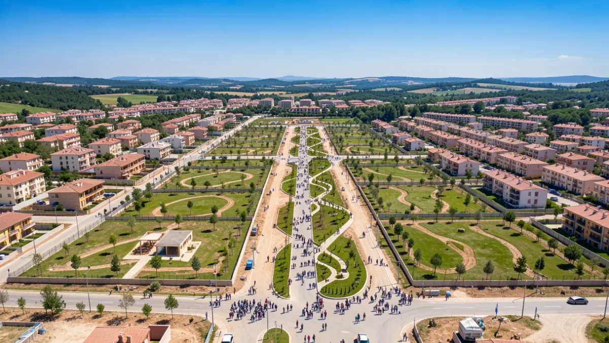 Generic image of an urban development area with residential plots and green spaces under construction.