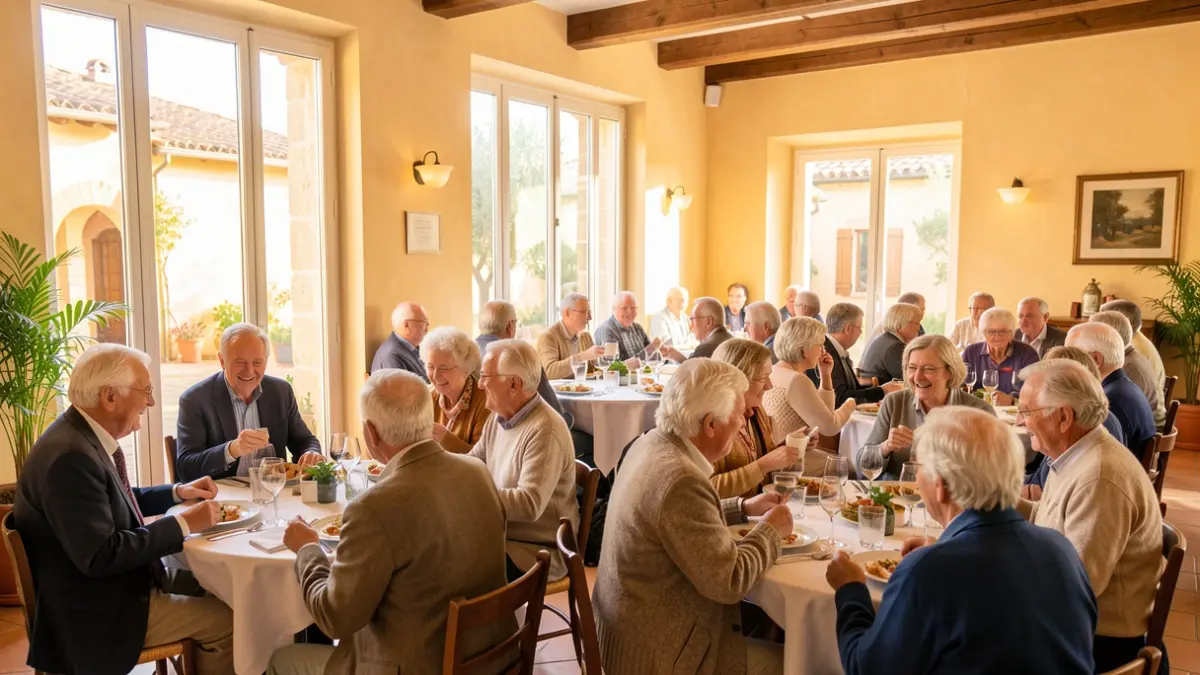 Elderly people participating in a community lunch in Sallent.