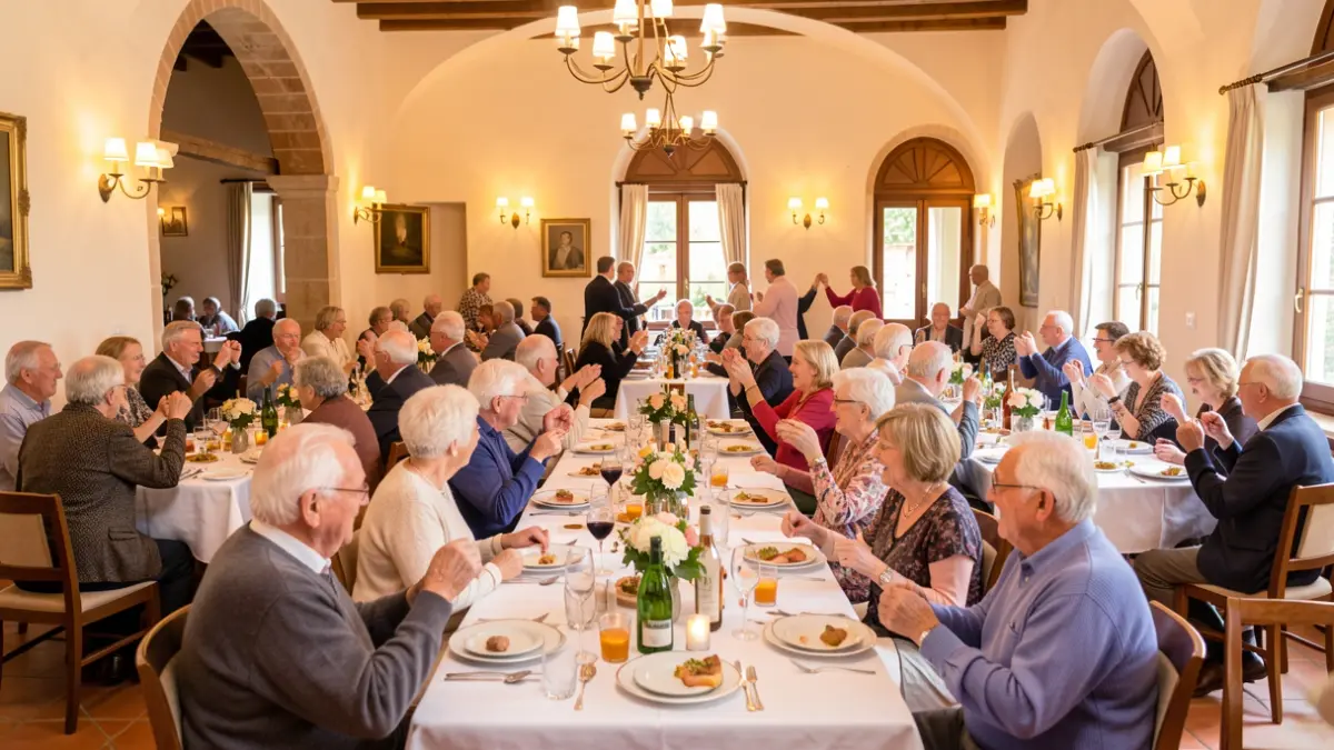 Elderly people participating in a meal and dance at a community center.
