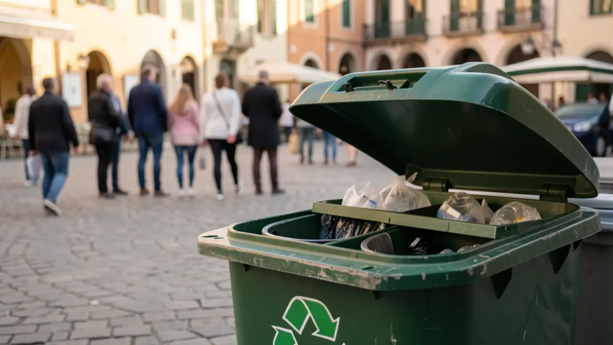 Contenedor de reciclaje cerrado con un sistema organizado de separación de residuos.
