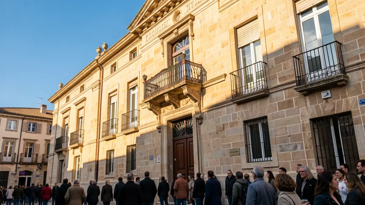 Façana d'un ajuntament de Catalunya amb balcó i baranes de ferro, llum càlida de la tarda.