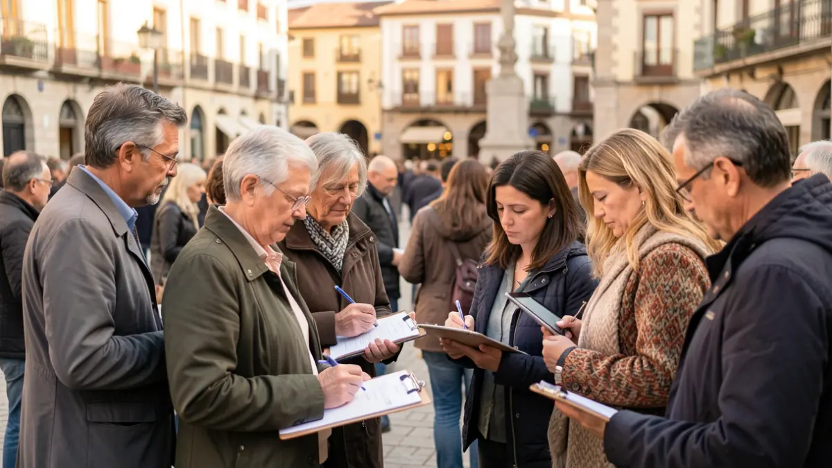 Generic image of diverse people participating in a survey, some with papers and others with tablets, in a Catalan urban setting.