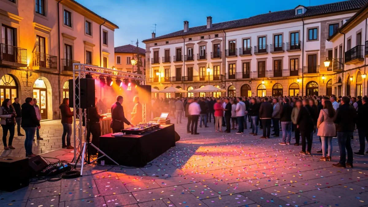 Ambient festiu d'un concurs de DJs a la plaça d'un poble català al vespre.