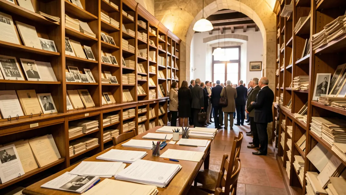 Interior of the Municipal Archive of Reus with historical documents and photographs.