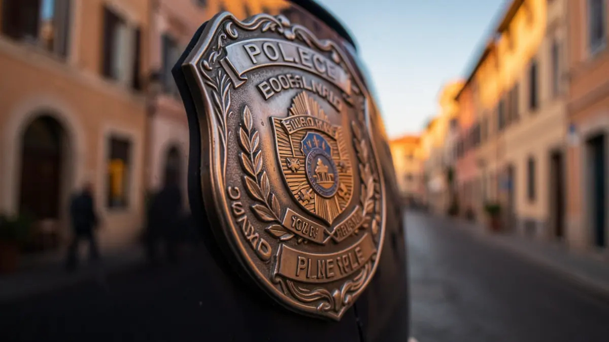 Imatge genèrica d'una insígnia policial detallada amb llum càlida i un fons urbà borós.