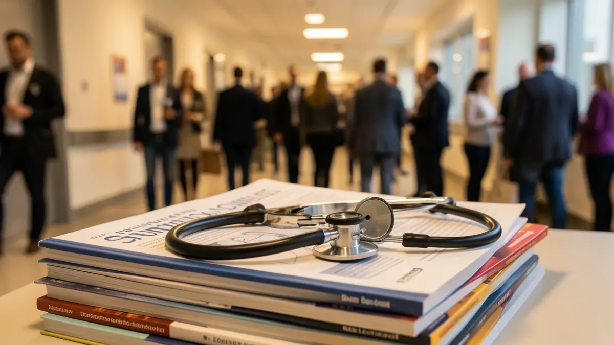 Estetoscopio sobre revistas médicas en un hospital.
