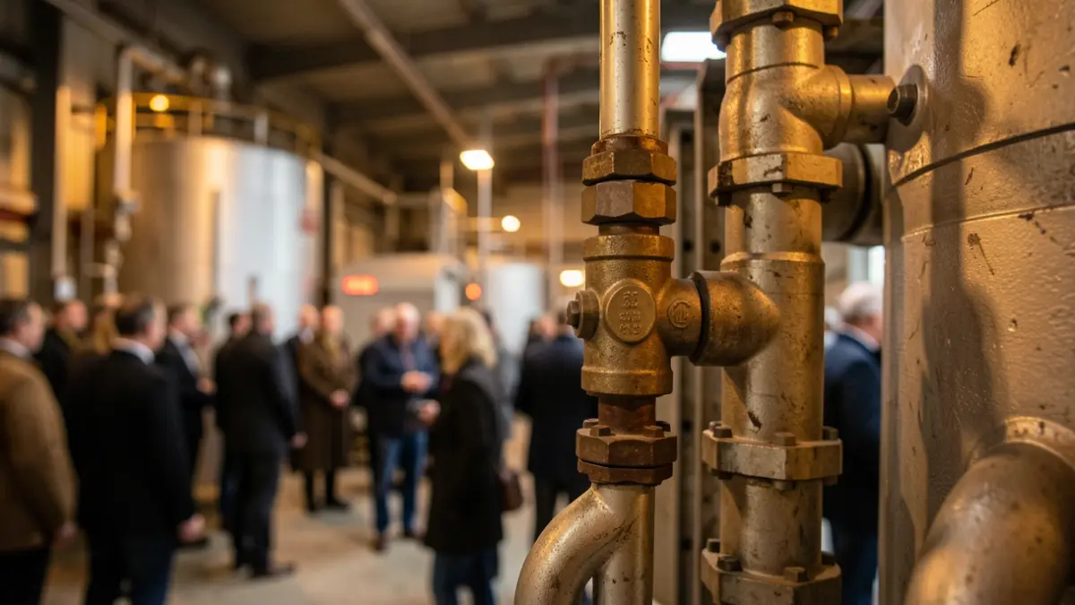 Imagen genérica de una tubería de agua con una válvula y maquinaria industrial al fondo.