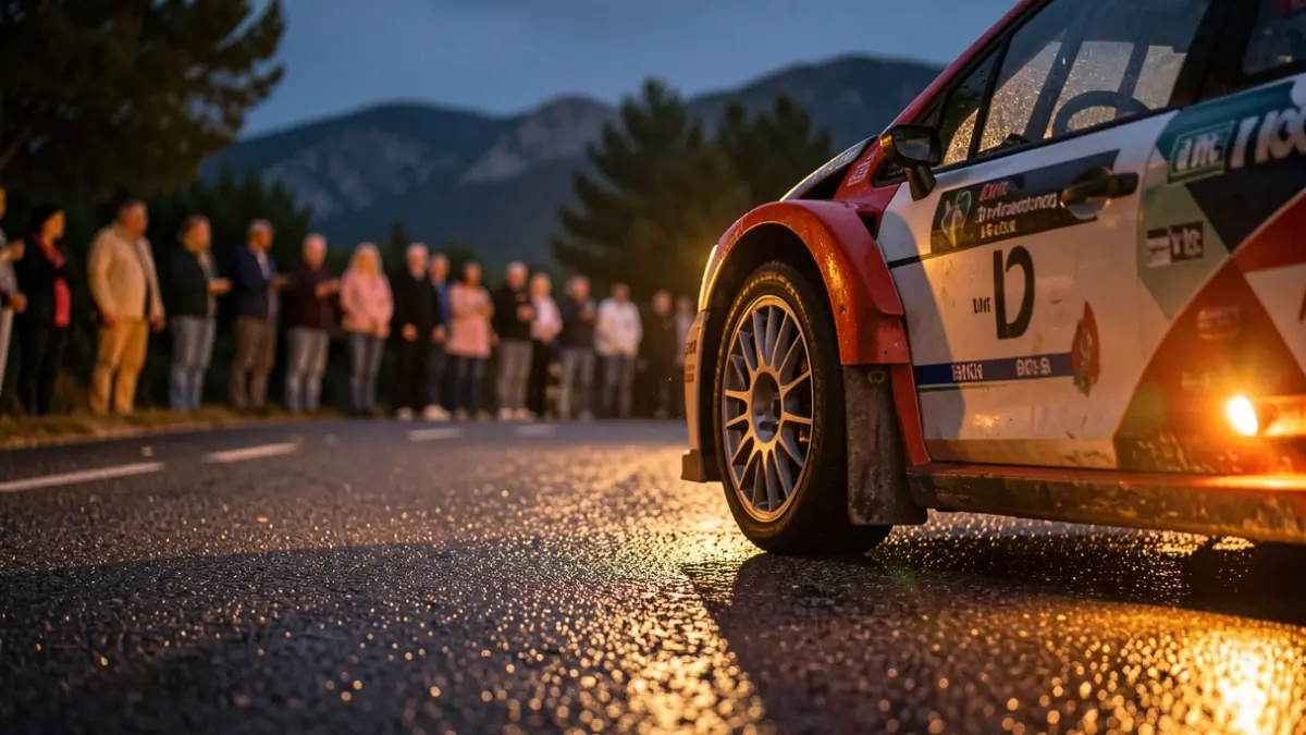 Rally car wheel on wet asphalt in a Mediterranean landscape.