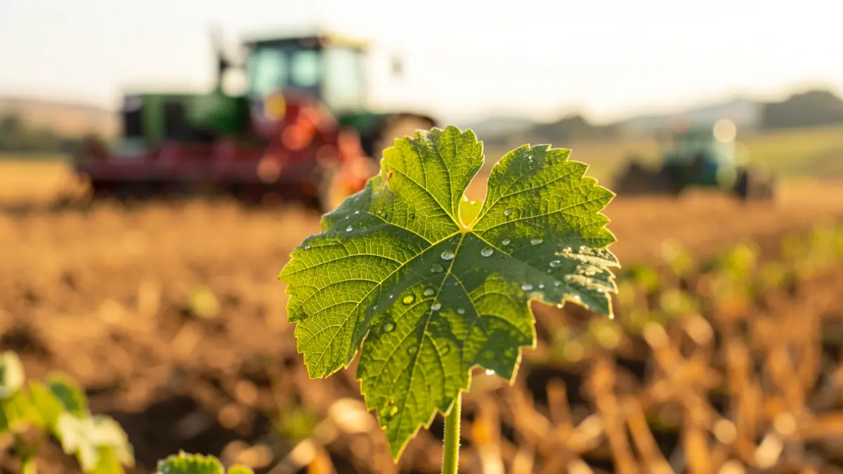 Generic image of a green leaf with dew drops, with a sunlit field in the background.