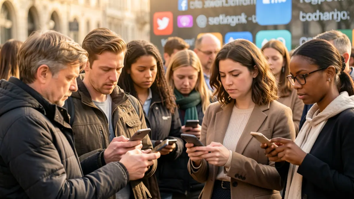 Grup de persones examinant críticament continguts en xarxes socials.