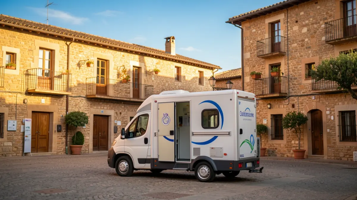 Mobile blood donation unit in the square of a Catalan municipality.