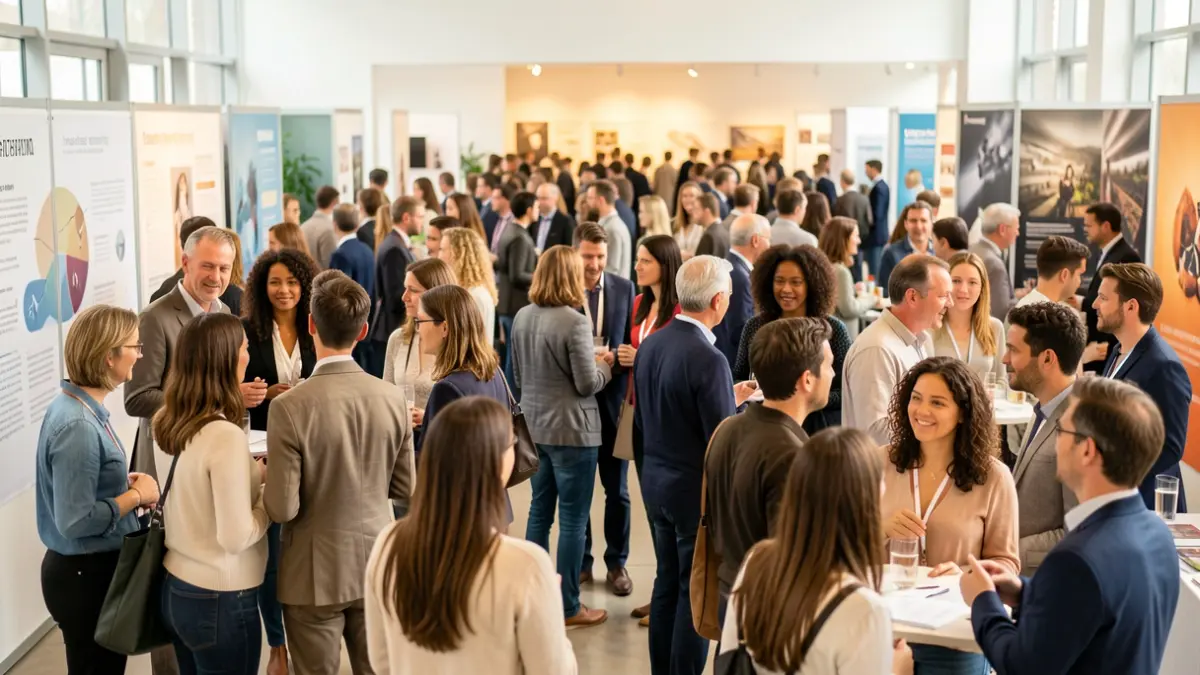 Imagen genérica de diversas personas interactuando en un evento cultural con stands informativos.