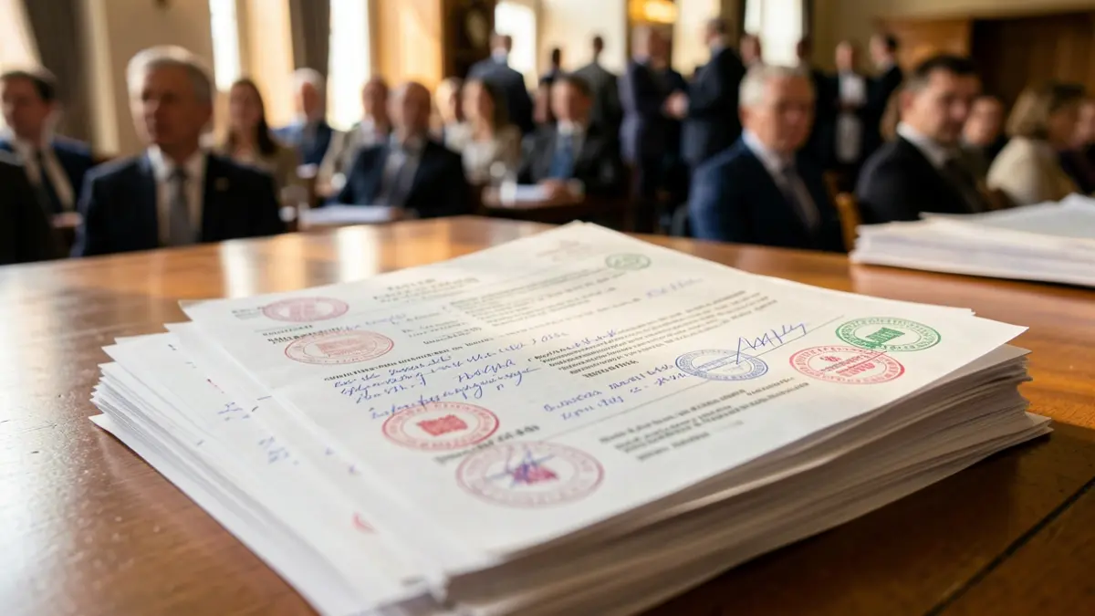 Imatge genèrica de documents oficials i segells sobre una taula.