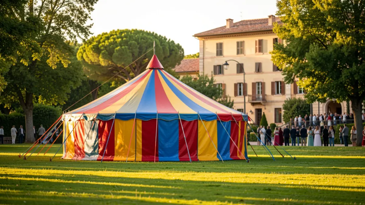 Imatge genèrica d'una carpa de circ en un parc amb un edifici d'estil mediterrani al fons.