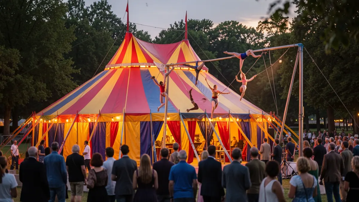 Imatge genèrica d'un espectacle de circ amb acrobates en un parc al capvespre.