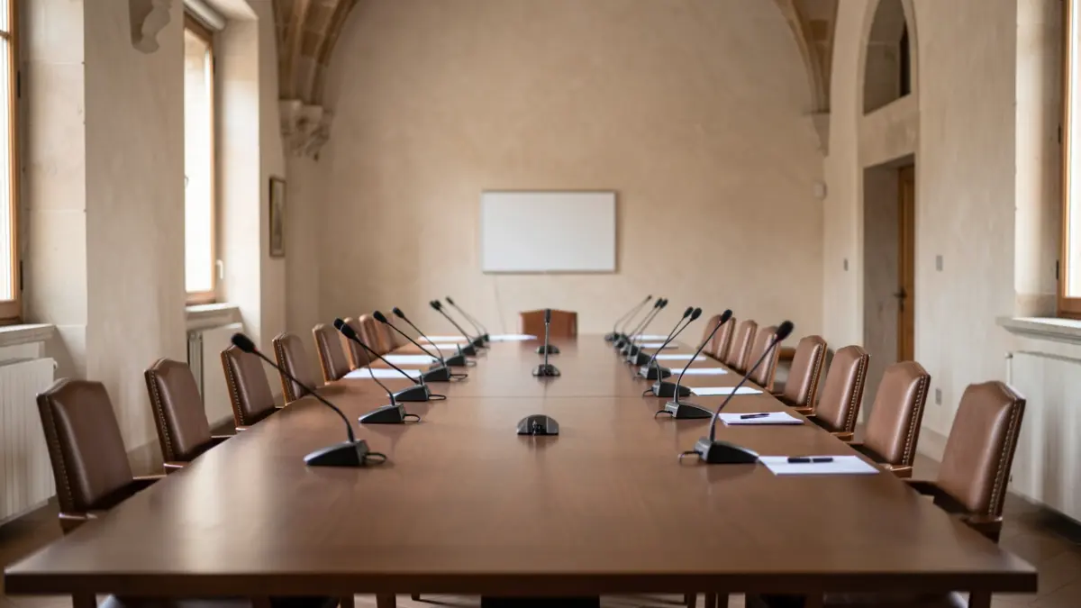 Imatge genèrica d'una sala de reunions amb una taula llarga i micròfons.