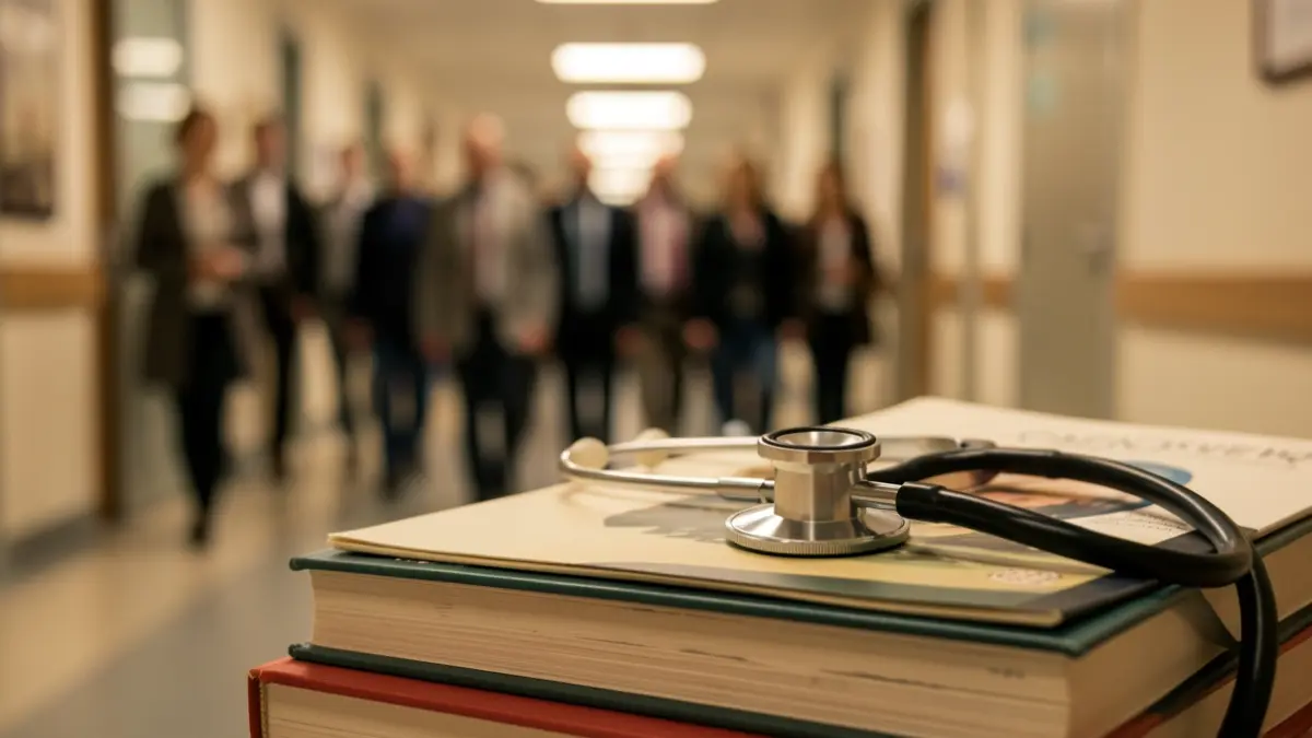 Generic image of a stethoscope on books, with a hospital in the background.
