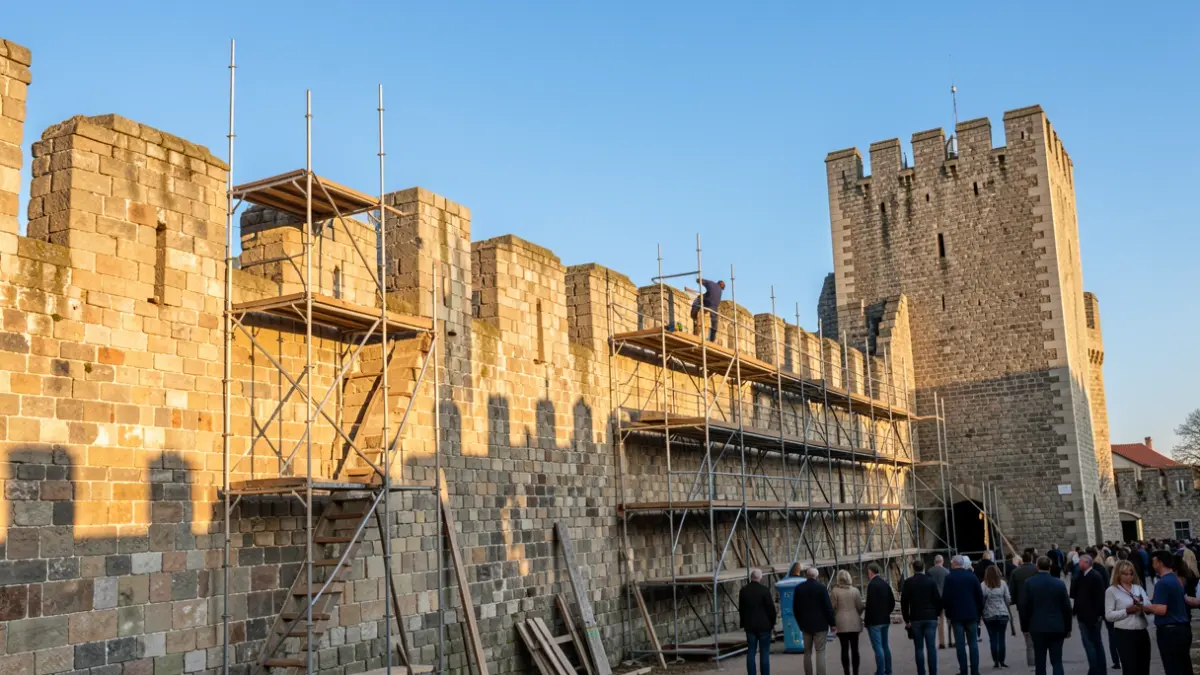 Imatge genèrica de merlets medievals d'un castell en procés de rehabilitació amb cel blau.
