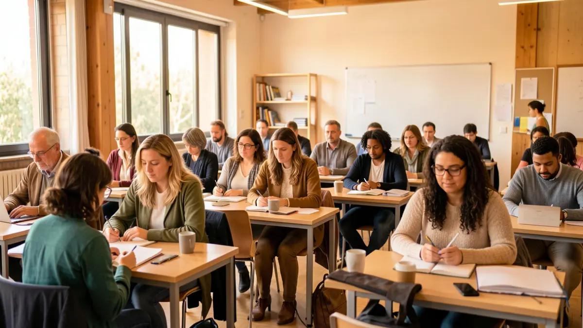 Alumnes aprenent català en una aula a Terrassa i Rubí.