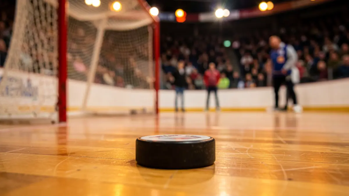 Un disc d'hoquei sobre patins sobre una pista de parquet.