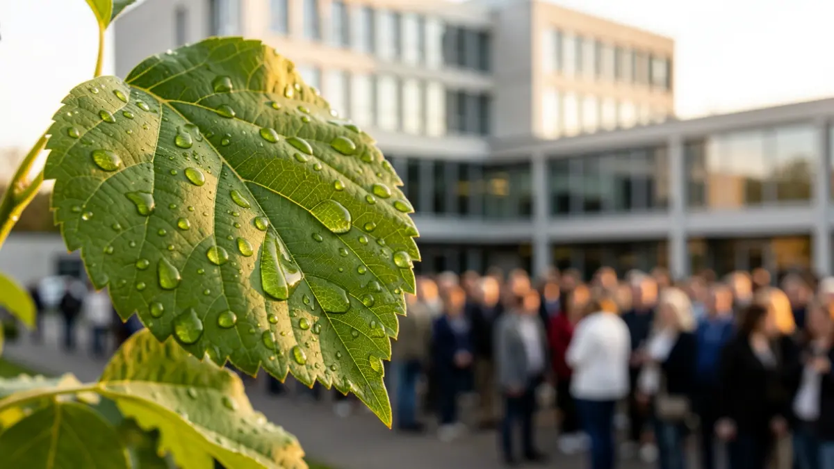 Imatge genèrica d'una fulla verda amb gotes d'aigua, simbolitzant la salut i el medi ambient, davant d'un edifici hospitalari.