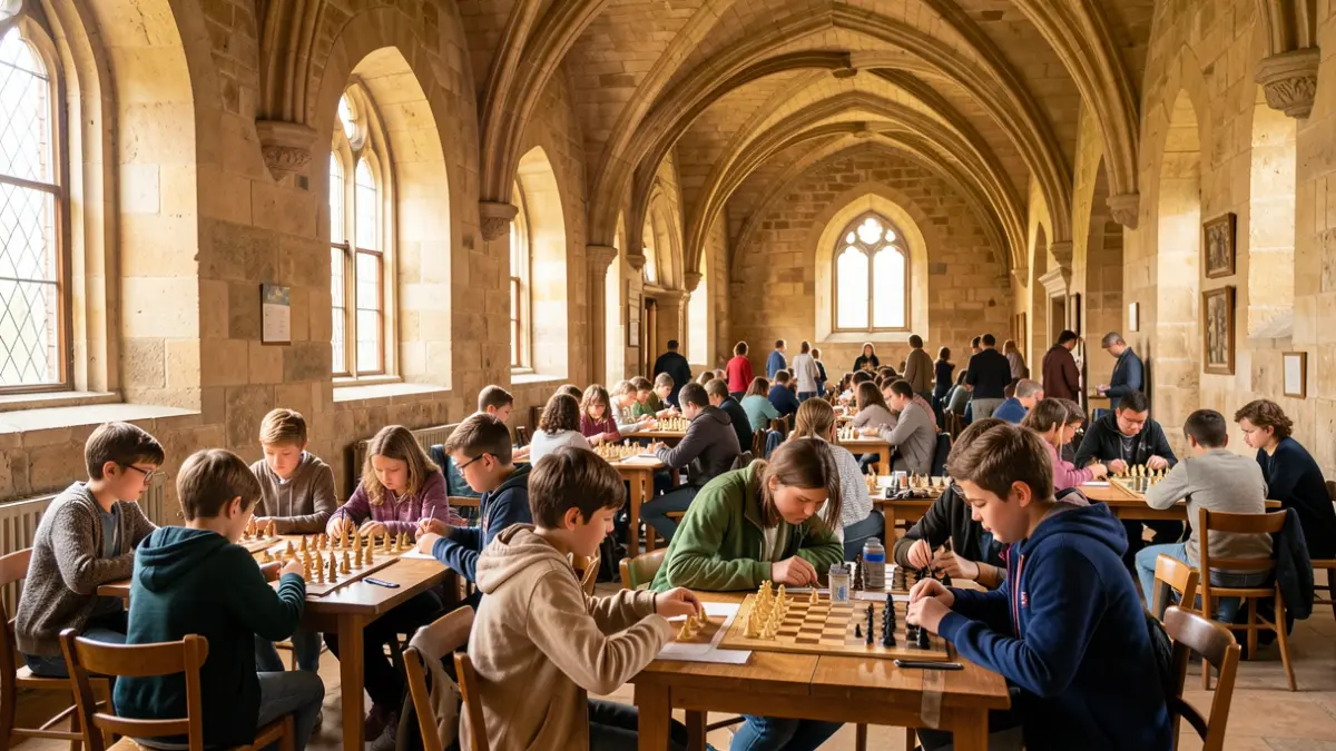 Children and young people playing chess in a historic hall.