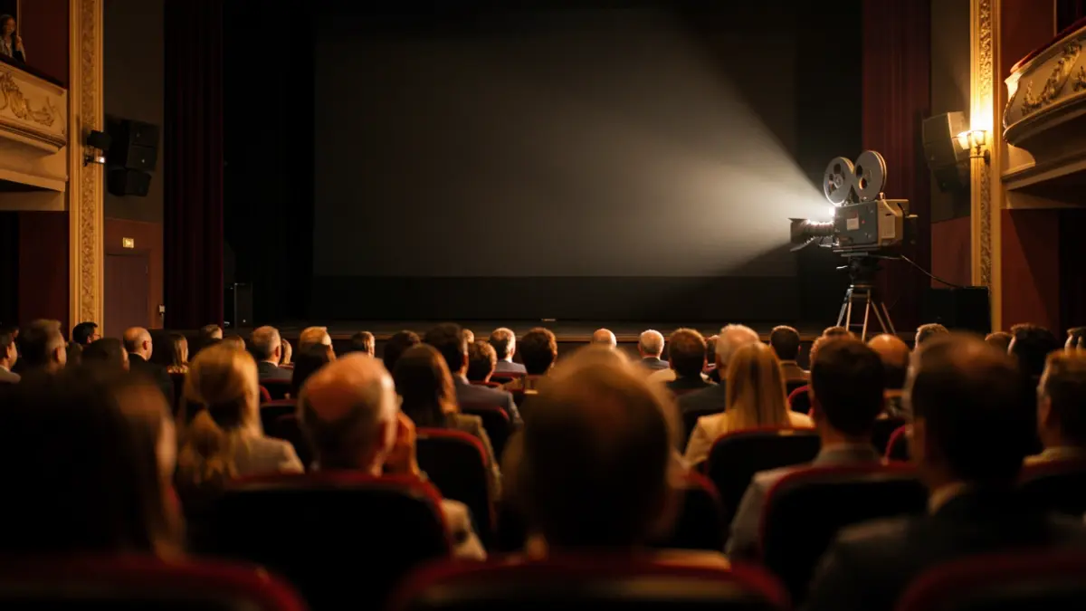 Imagen genérica de un proyector de cine iluminando una pantalla en un cine oscuro.