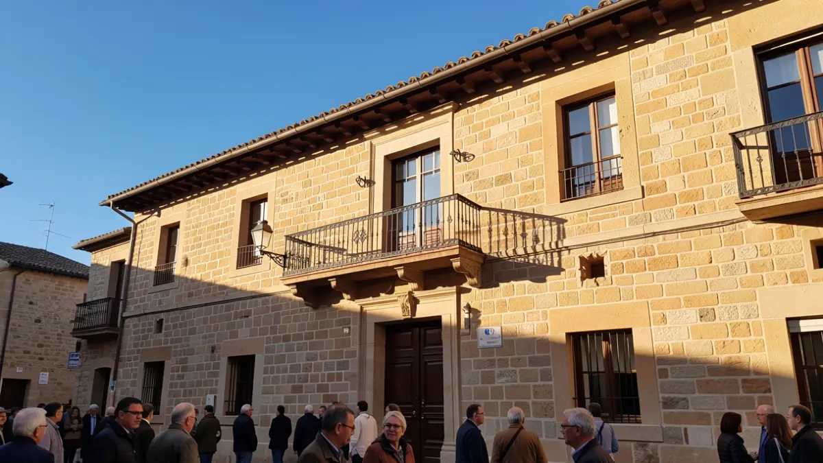 Façana de l'Ajuntament de Navarcles amb balcó i barandat de ferro, llum càlida de tarda.