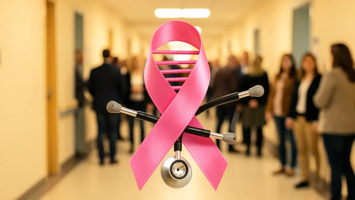 Imagen genérica de un lazo rosa con un estetoscopio y una doble hélice de ADN, sobre un fondo hospitalario difuminado.