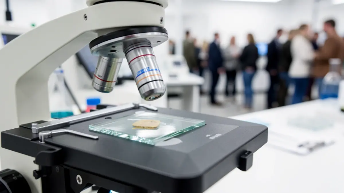 Imatge genèrica d'un microscopi amb una mostra, en un entorn de laboratori.