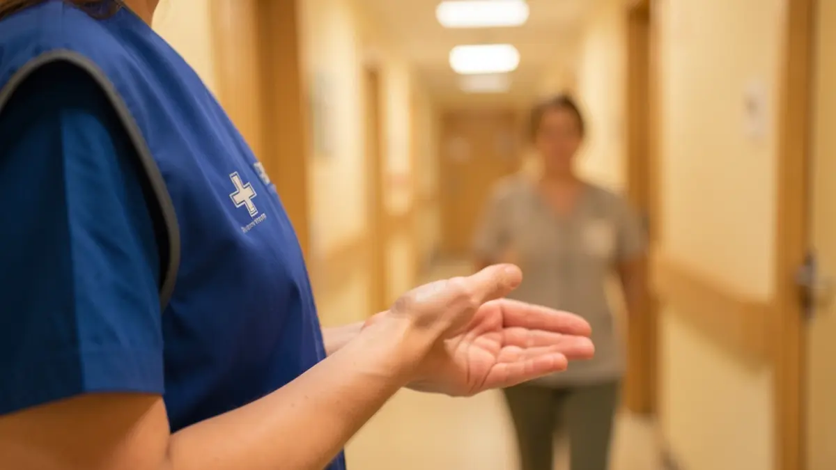 Imatge genèrica d'una mà de voluntari amb armilla identificativa oferint ajuda a un pacient en un hospital.