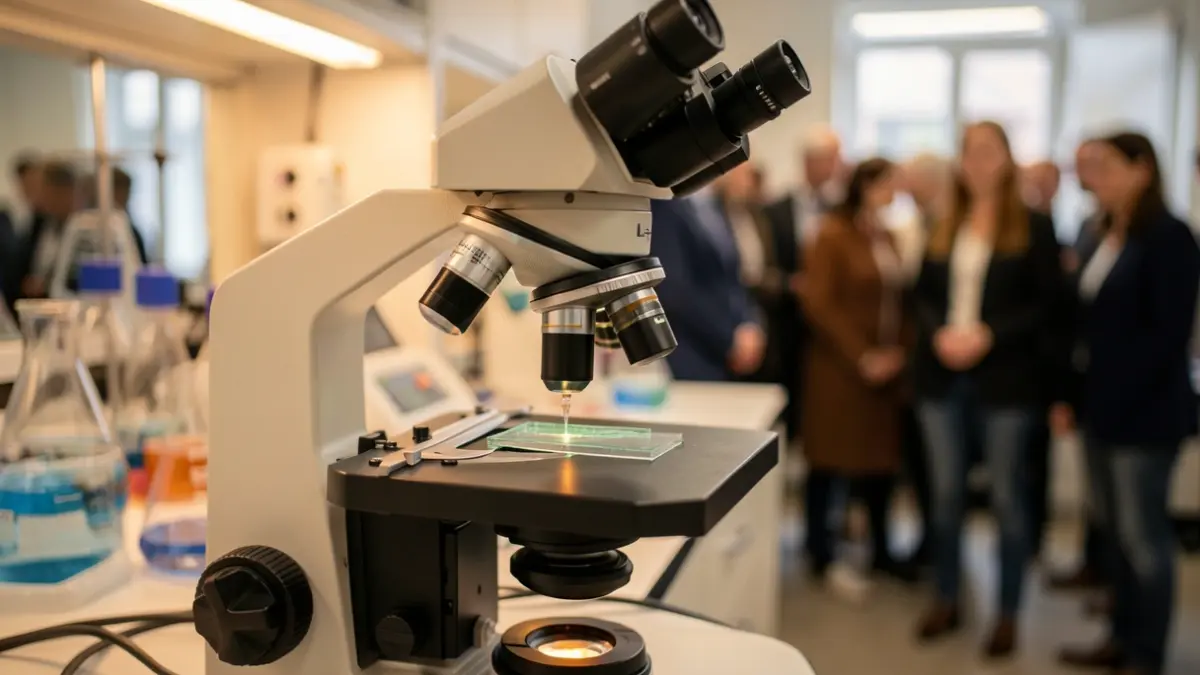 Imagen genérica de un microscopio médico con una muestra, iluminación cálida y un entorno de laboratorio difuminado.
