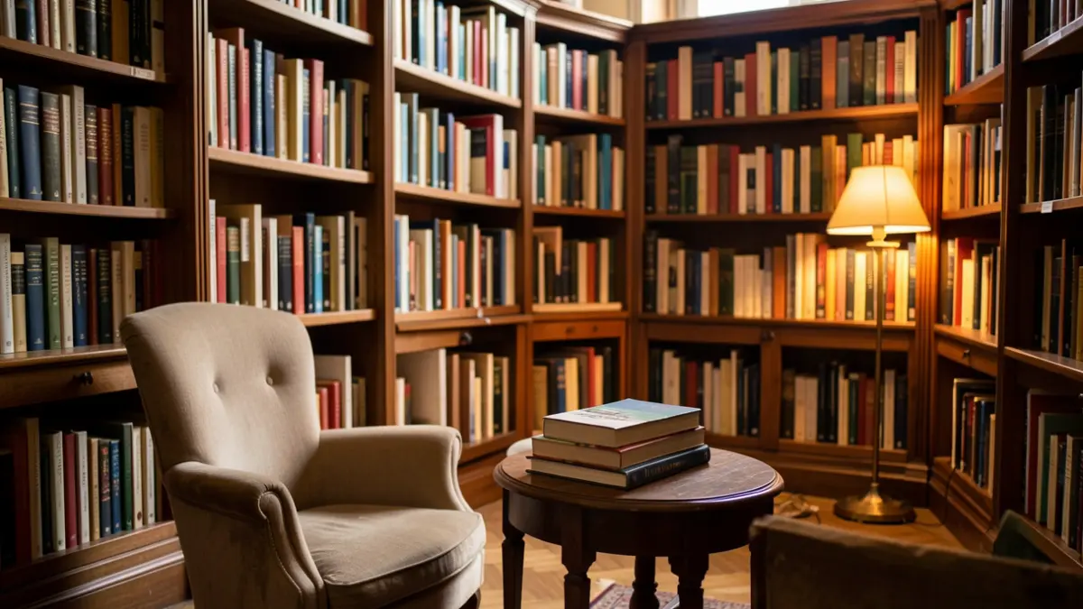 Imagen genérica de una biblioteca con estanterías llenas de libros y una silla de lectura.