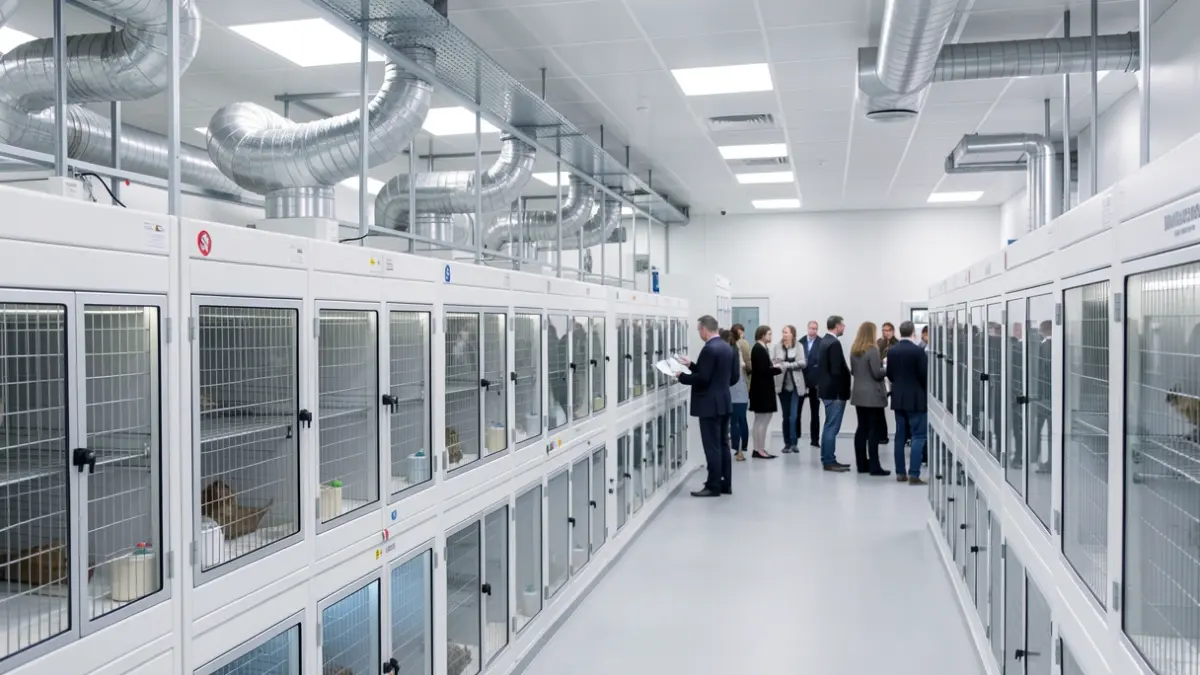 Imatge genèrica d'un laboratori modern amb gàbies especialitzades i sistemes de ventilació.
