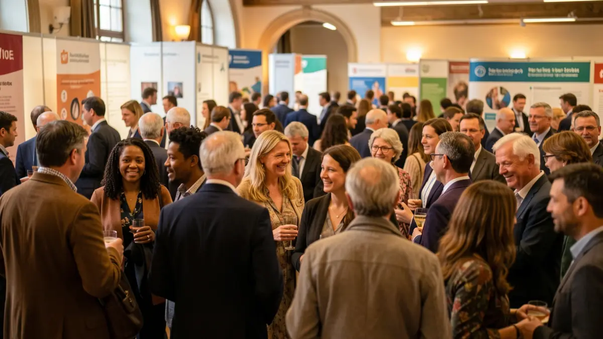 Generic image of diverse people interacting at an indoor event with informational booths in the background.