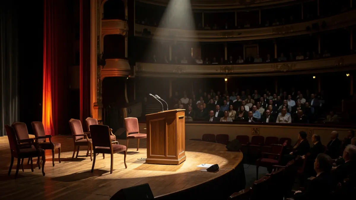 Imagen genérica de un escenario de teatro vacío con un atril.