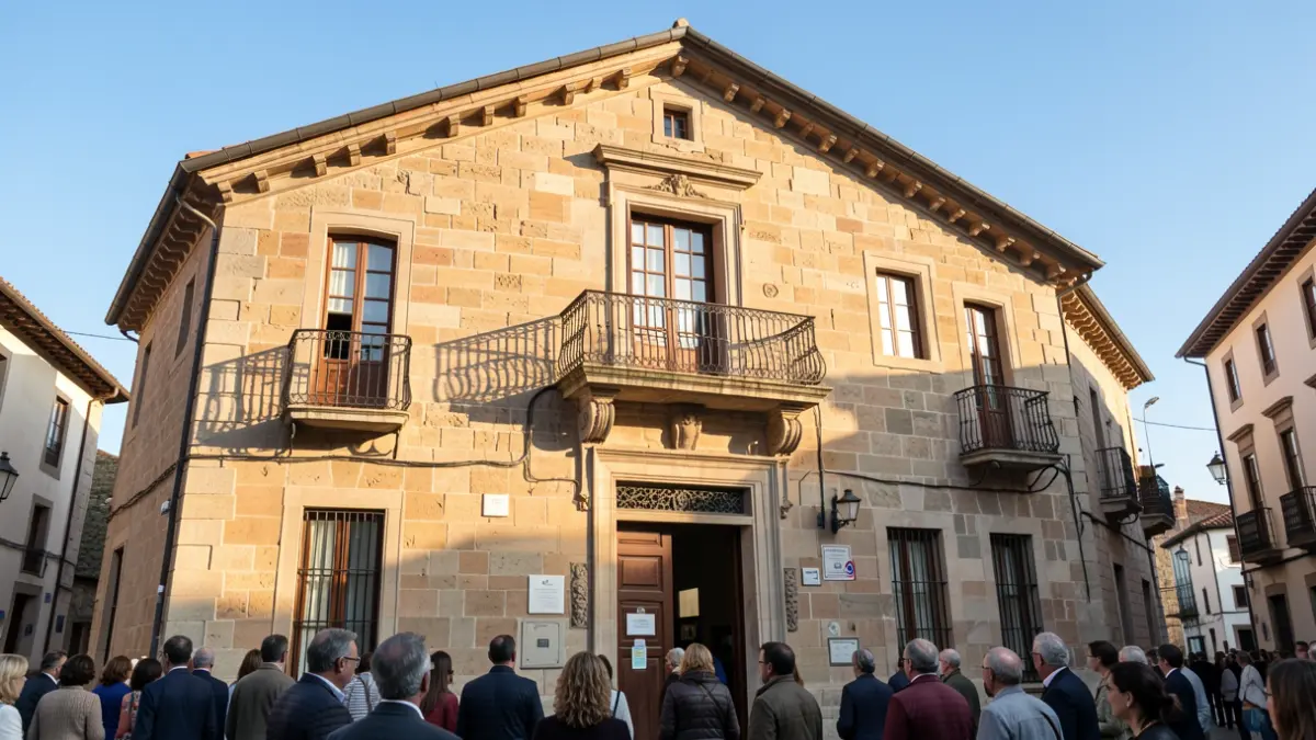 Generic image of a stone town hall facade with a balcony and iron railings, in afternoon light.