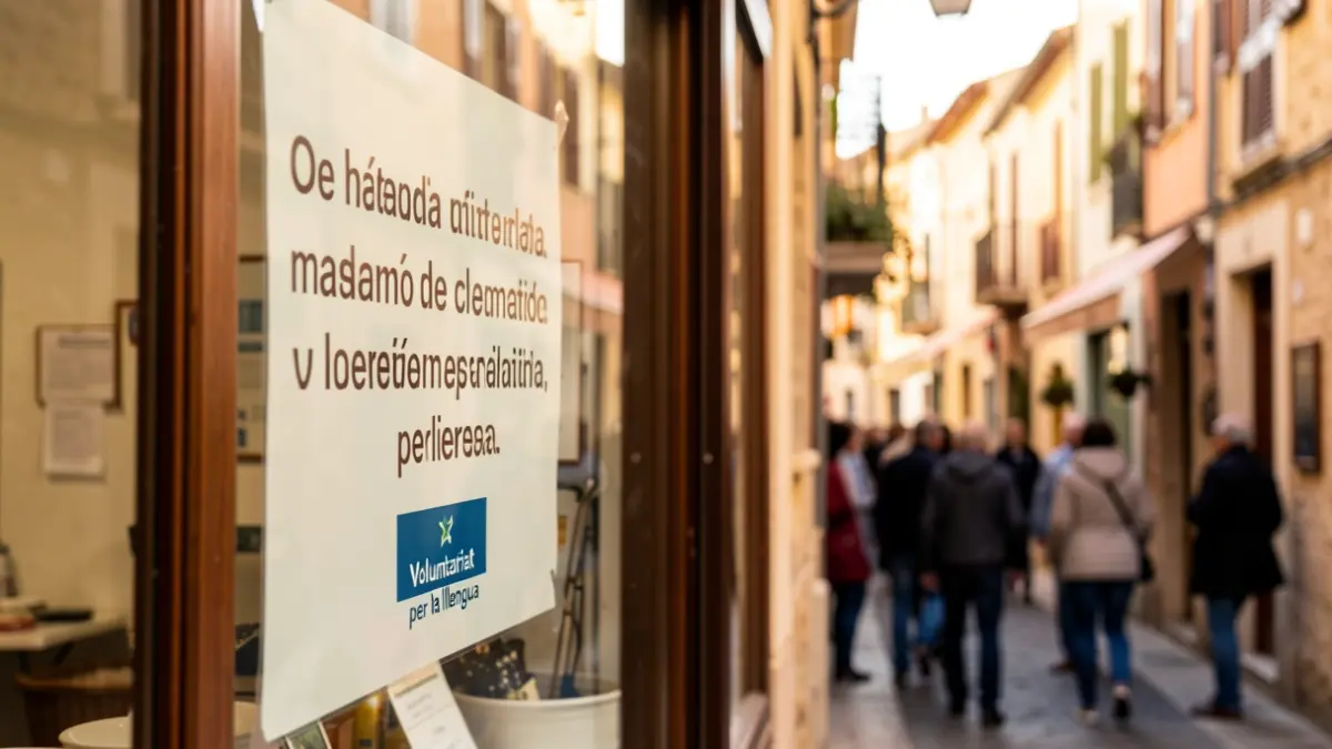 Imagen genérica de un escaparate de comercio con un distintivo relacionado con la lengua catalana.