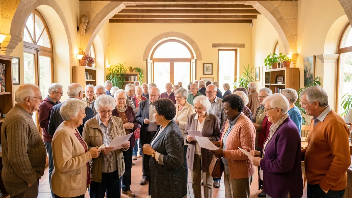 Personas mayores participando en un acto comunitario en un centro cívico.